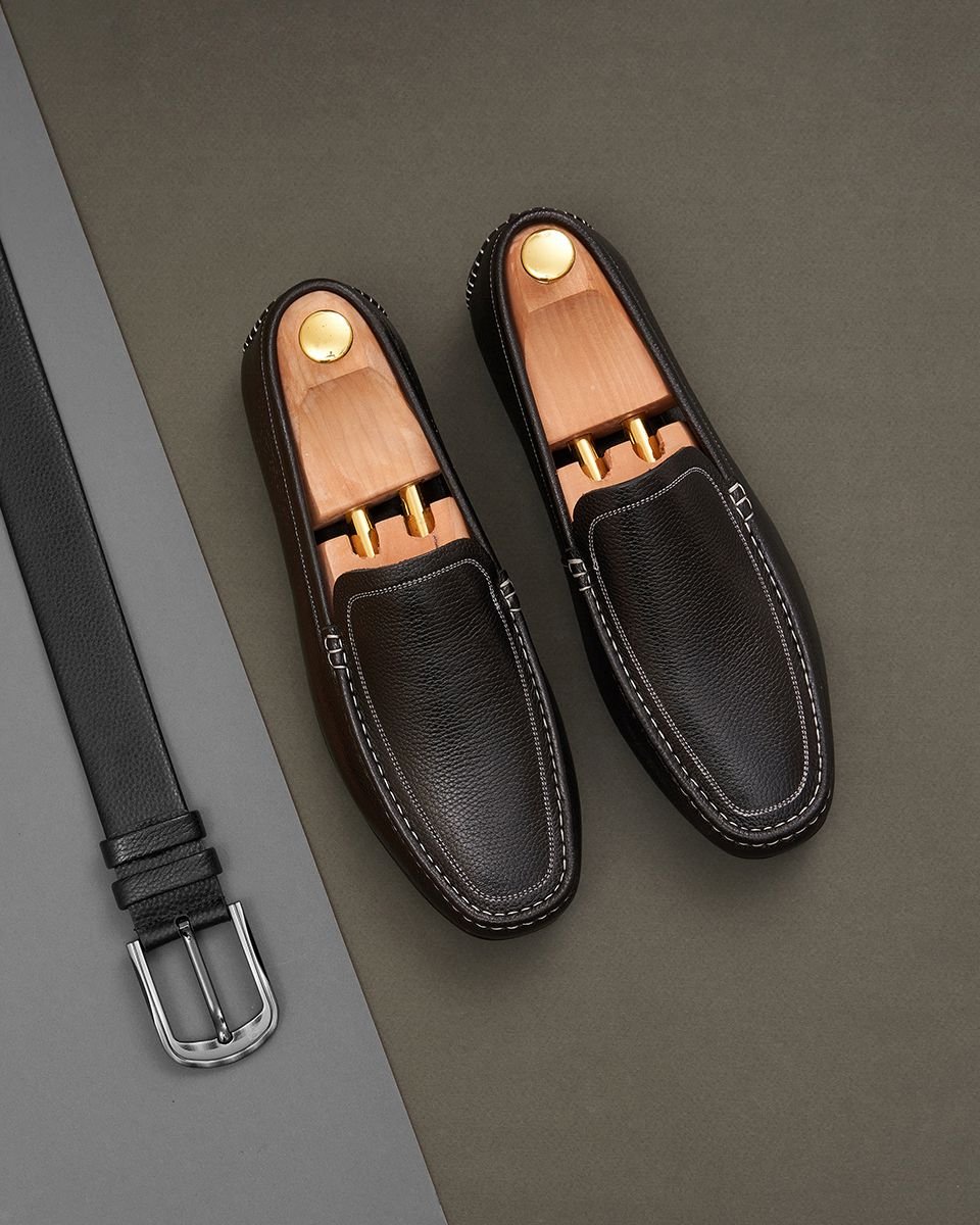 Giày Đi Làm Moccasin Da Nam Màu Đen Viền Chỉ Nổi GNTA2201-D